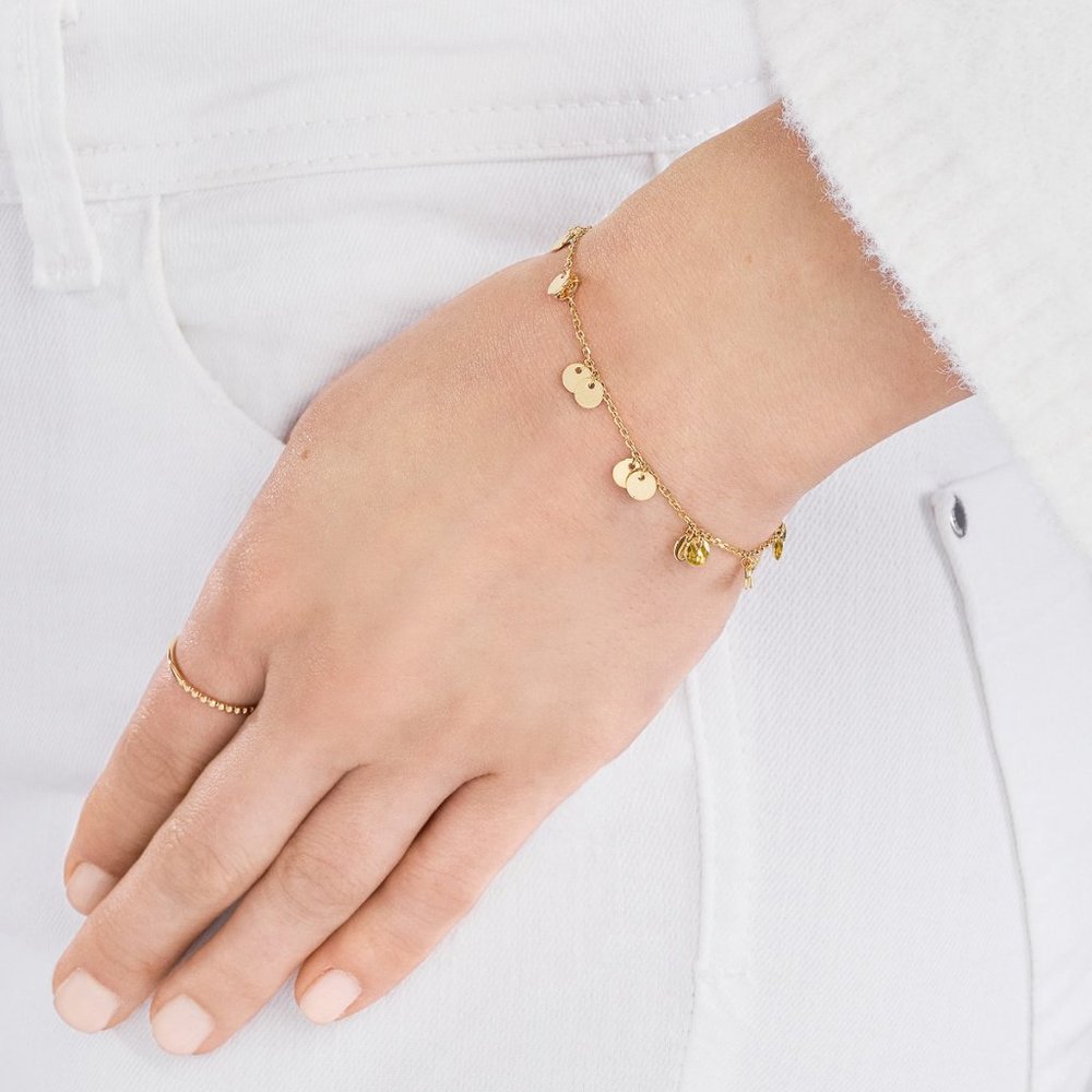 14K Solid Gold Double Dangle Disc Chain Adjustable Bracelet
